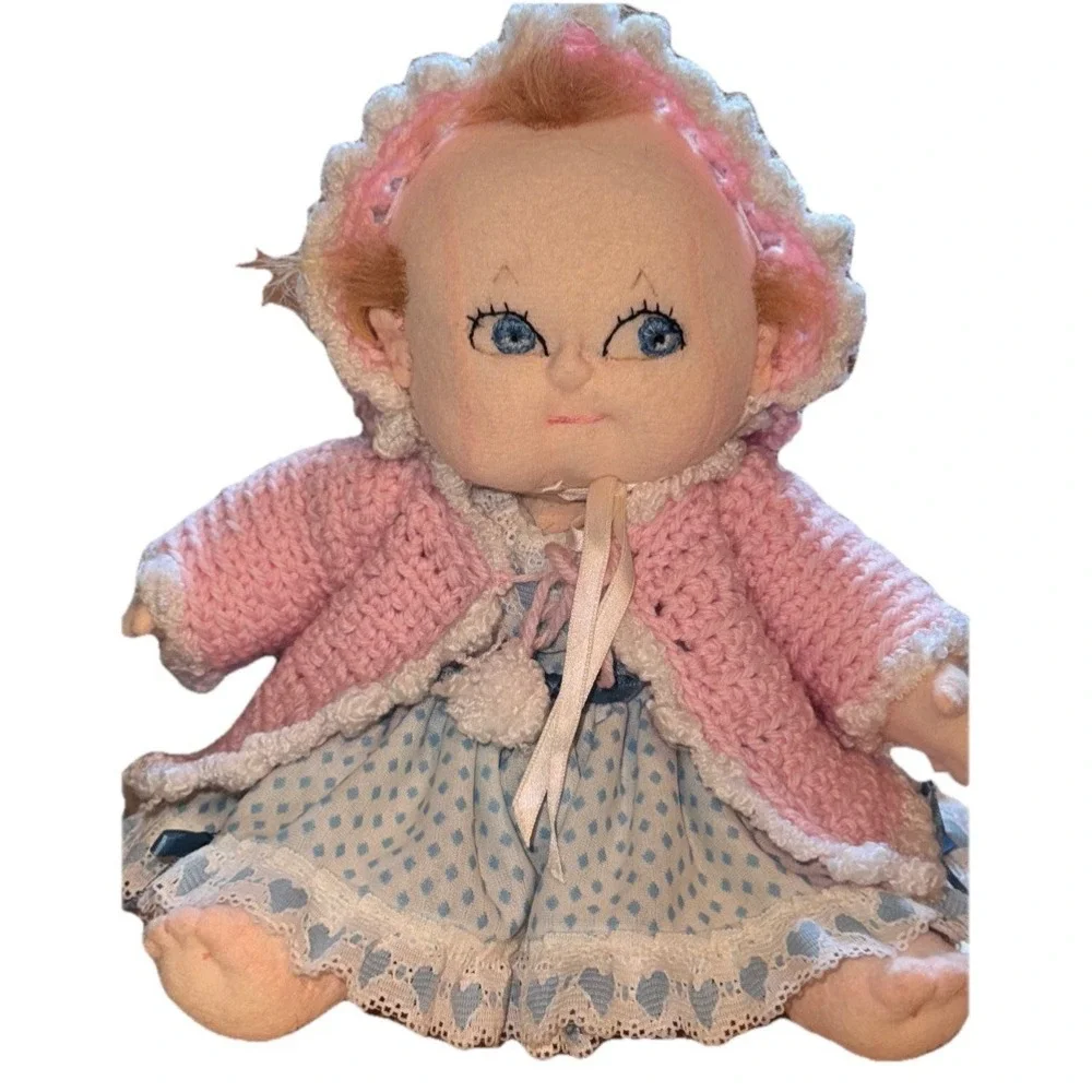 Handmade Soft Sculpture Cupie Baby Doll Girl Dress Sweater Bonnet Bloomers 12